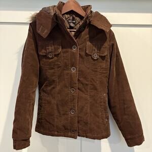 Y2K Corduroy Coat Jacket Large Brown Wet Seal Fur Trimmed Hood Quilted Lining